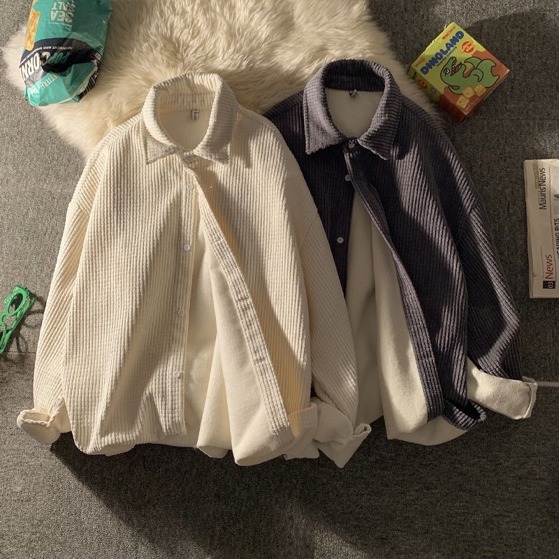 Waffle Shirt Men's Padded Spring and Autumn Solid Color Japanese Jacket Students Korean Version of Loose All Metch Long-sleeved Tops