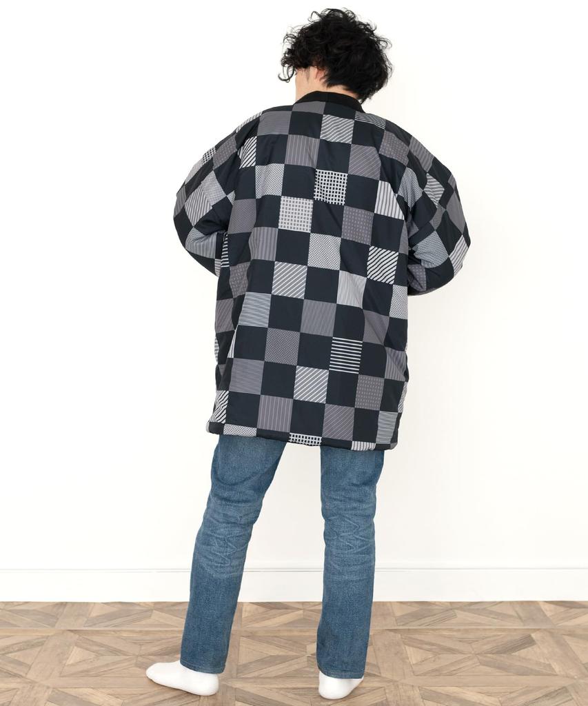 Winter Fleece Hanten Black Checkered [KYOETSU] Men's (2. Pattern, L)