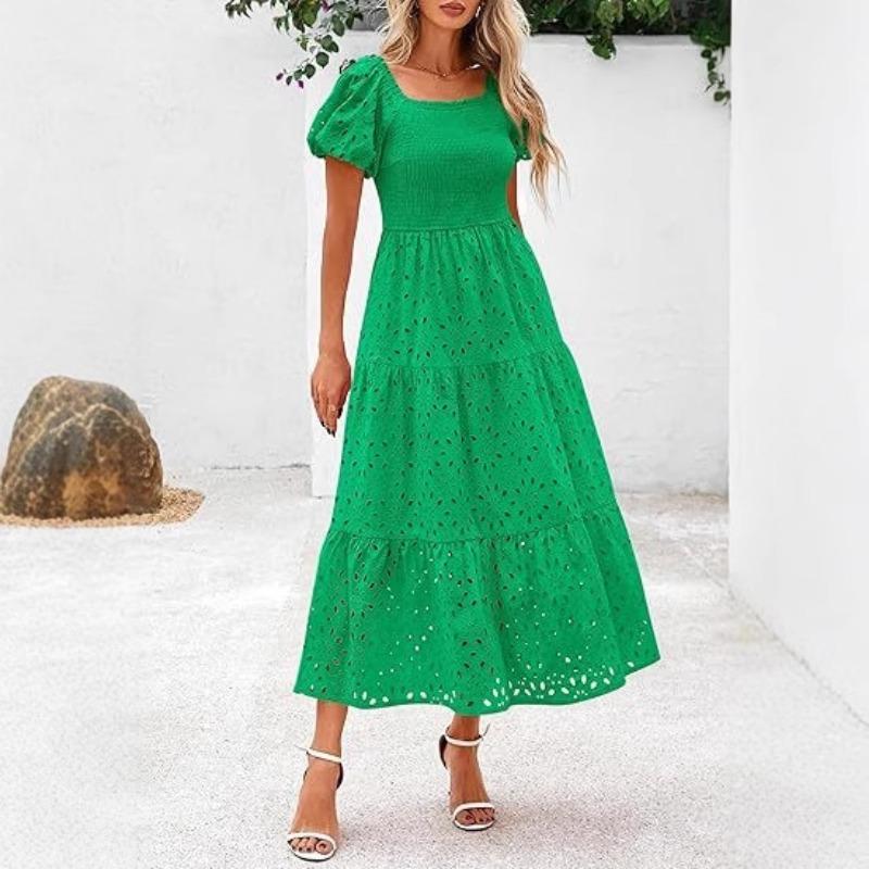 Женское платье с квадратным воротником, рукавами-фонариками, короткими рукавами и сетчатой вставкой