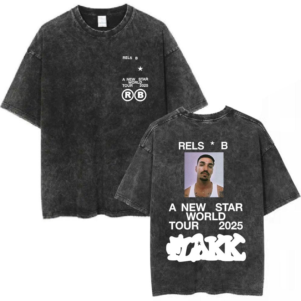 Rapper RELS B Skinny Flakk Tour Vintage Washed T Shirt Men Clothing Hip Hop Oversized Short Sleeve Tshirt Cotton Tshirts