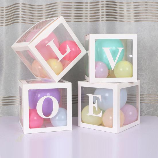 Balloon Box Reusable Clear Paper Box with Letter Stackable DIY Assembly 25 X 25cm Cube Box for Graduation Wedding Birthday Party Decor