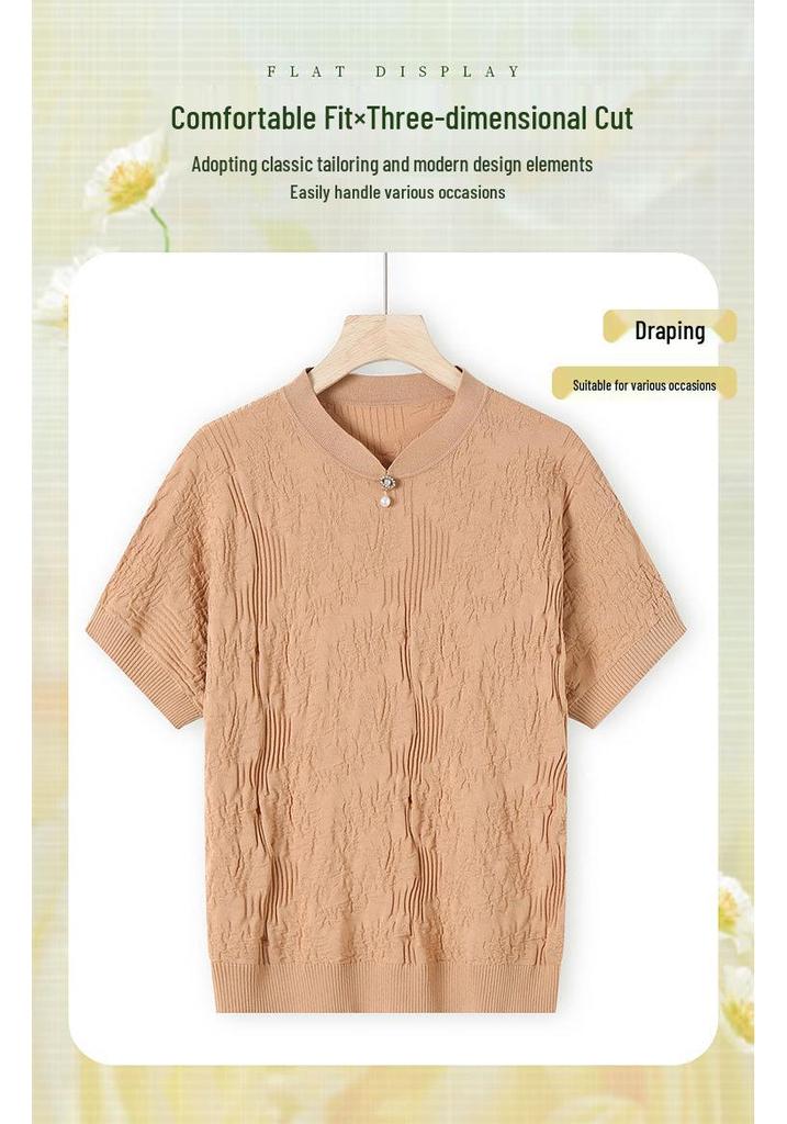 Elegant Textured Knit Short-Sleeve T-Shirt for Middle-Aged and Elderly Women 2026