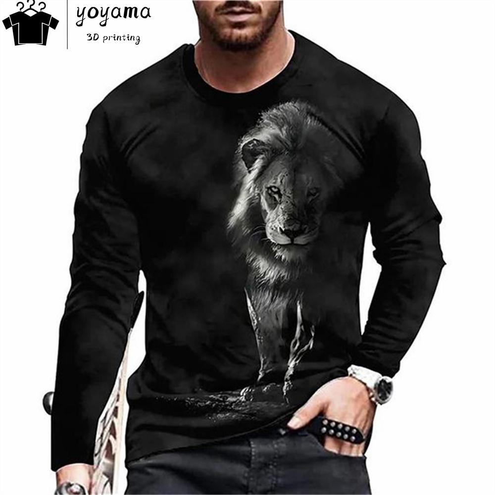 Футболки с принтом тигра Мужская одежда Модная мужская футболка с круглым вырезом и длинным рукавом Повседневная свободная мужская одежда с принтом тигра Топы