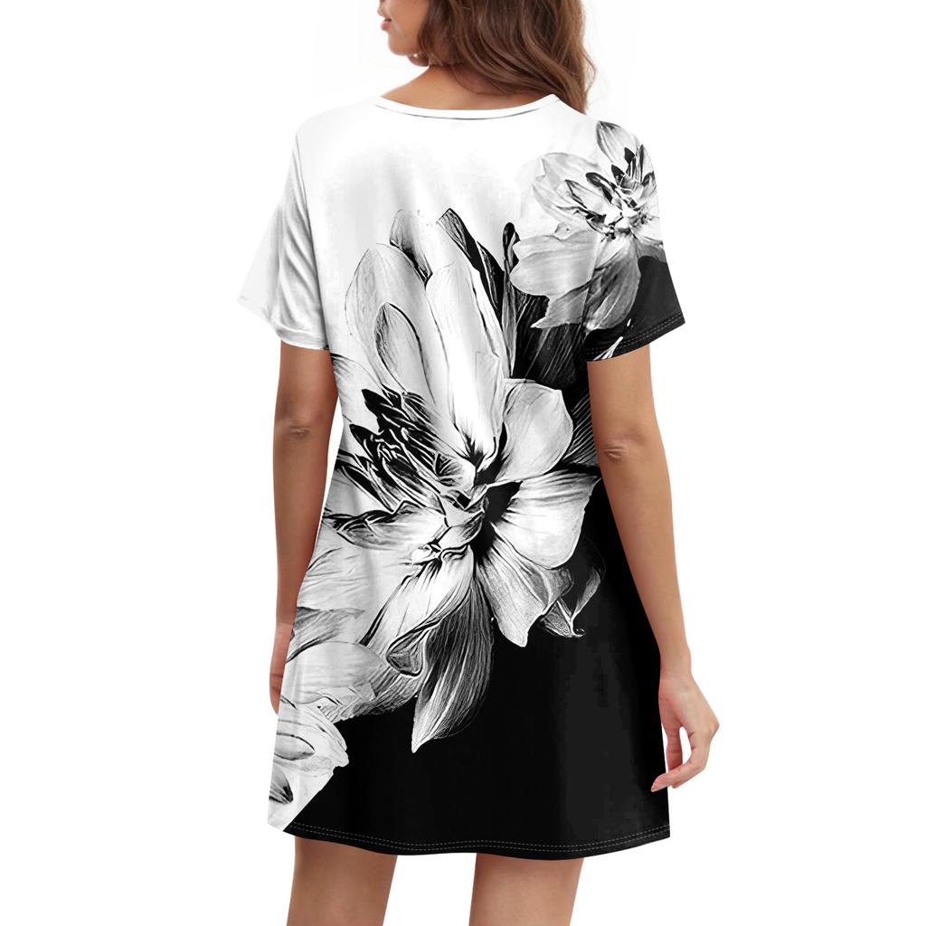 Женские летние повседневные платья с круглым вырезом, плиссированные, с карманами, с принтом, с коротким рукавом
