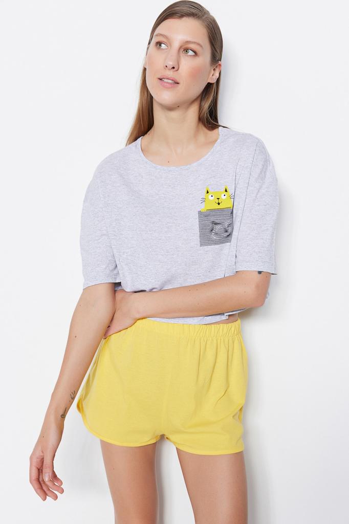 Women's Style Homewear Sleepwear White Multicolored 100% Cotton Fun Patterned Knitted Pajama Set