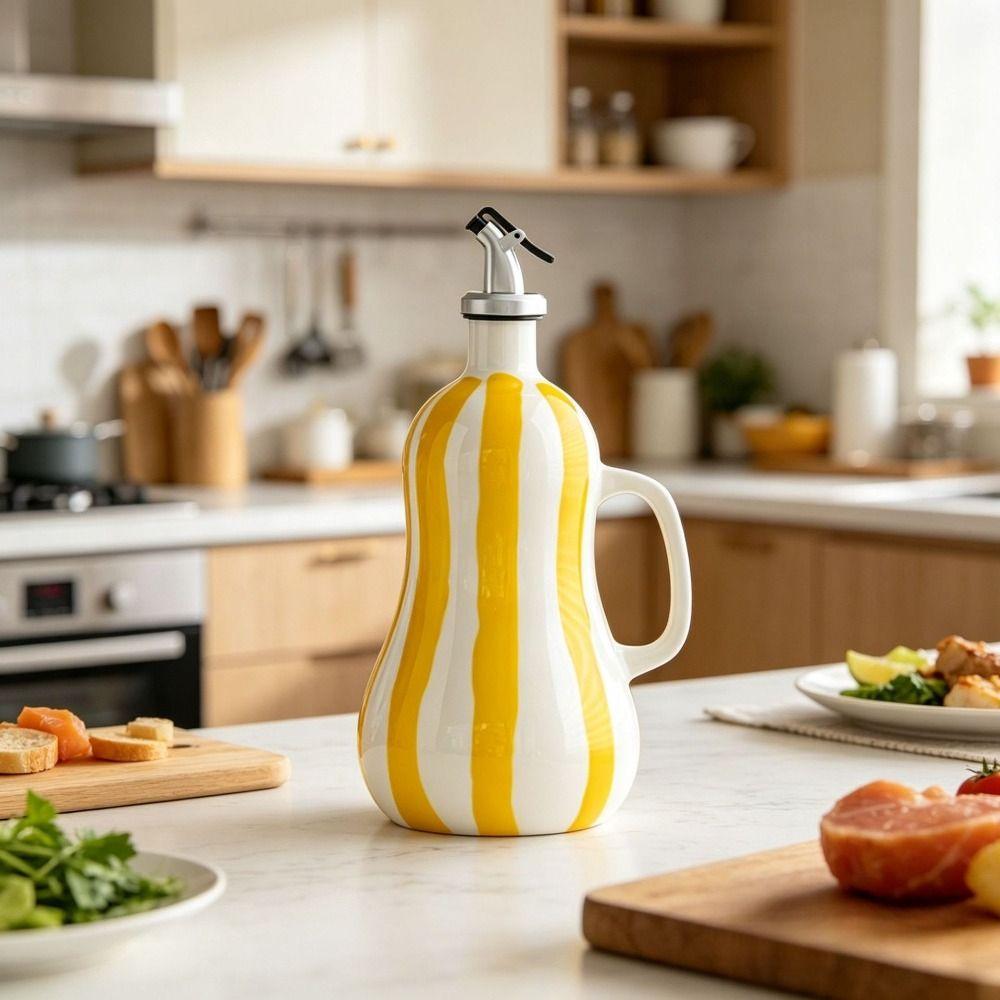 Nordic Style Ceramic Oil Bottle Hand-drawn Stripes Olive Oil Jug Cooking Equipment