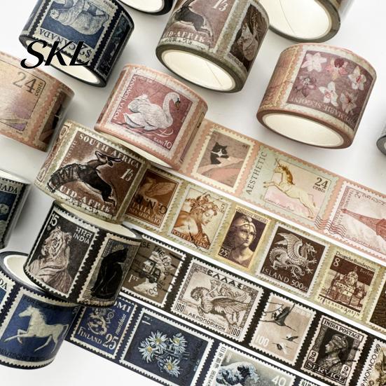 Classical Stamp Tape Vintage Washi Roll, Aesthetic Decorative Masking Tape, Retro Roll Adhesive for DIY Art Crafts, Journaling Scrapbooking Supplies