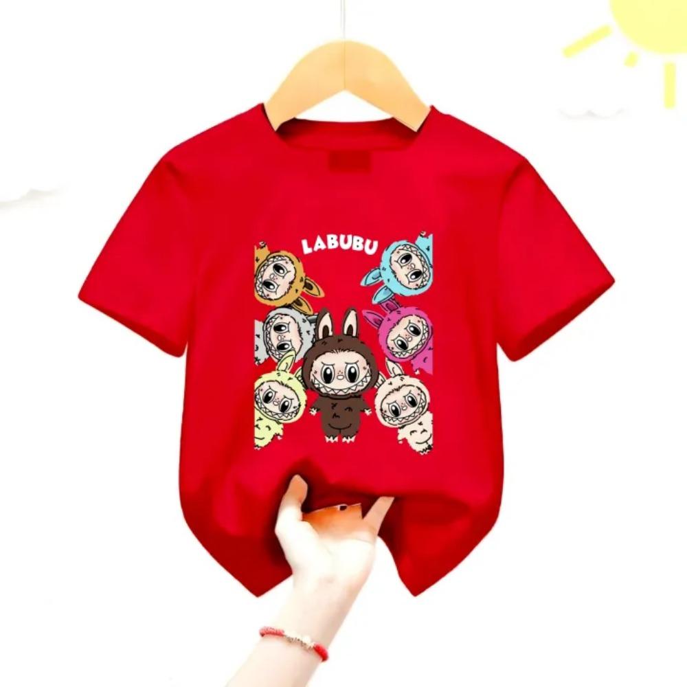 Летняя детская футболка с мультяшным принтом Labubu для девочки, с круглым вырезом, с коротким рукавом, повседневная, многоцветная, детская футболка
