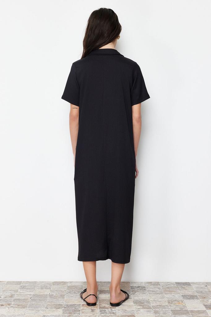 Women's Fashion Black Polo Neck Short Sleeve Midi Twist Textured Knitted Dress