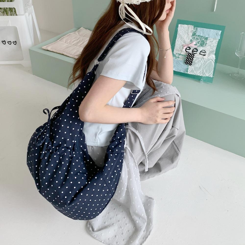 Korean Style Polka Dot Nylon Crossbody Bag Lightweight Ballet Style Pleated Shoulder Bag Prined Large Capacity