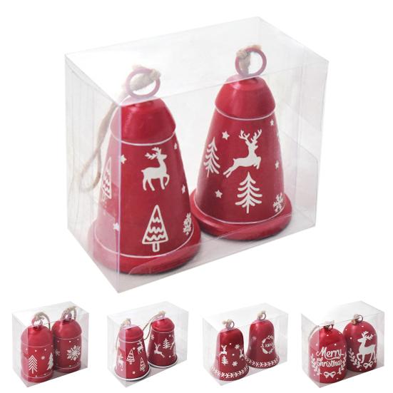 2 Pcs Red Christmas Bells Ornament Vintage Rustic Hanging Bell with Snowflake Reindeer Tree Pattern Handmade Lucky Bell for Home Tree Decor