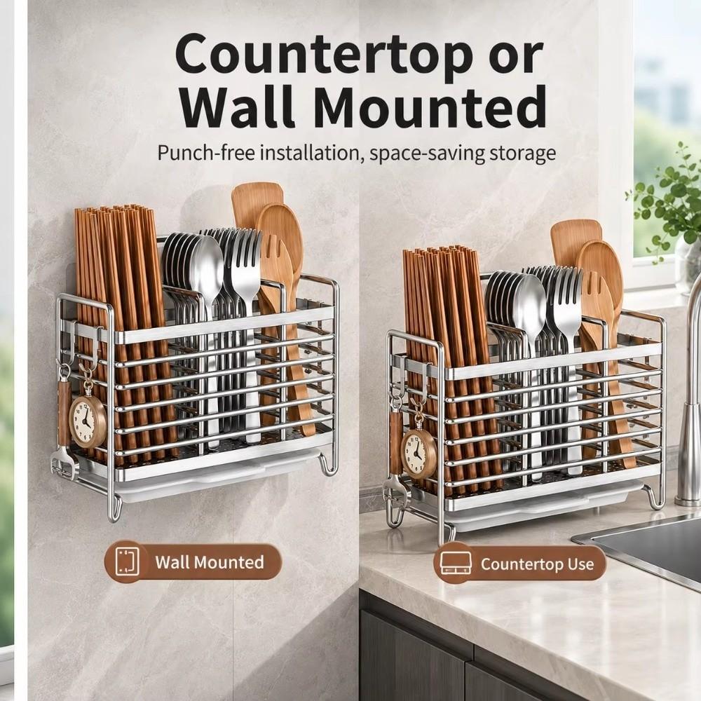 No-Drill Chopstick Holder Rack Stainless Steel Cutlery Rack Kitchen Cutlery Organizer