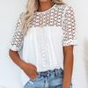 2024 мода Элегантная кружевная строчка Женская белая блузка Свободная повседневная ажурная простая рубашка с коротким рукавом Летние женские топы с круглым вырезом 28438