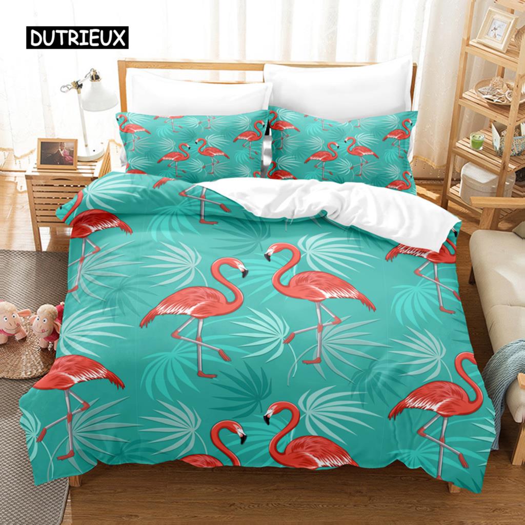 Комплект постельного белья с изображением фламинго, тропическое животное, комплект постельного белья с изображением листьев пальмы, полиэстер, тема природы, королевское одеяло, покрывало