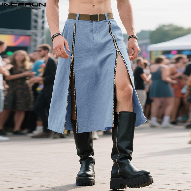INCERUN Men High Waist Zip-up Long Skirts Casual A-line Splits Kilt