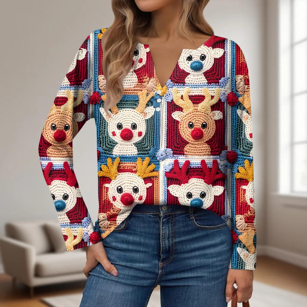 Женская модная повседневная футболка с V-образным вырезом, на пуговицах, с длинным рукавом, с рождественским принтом