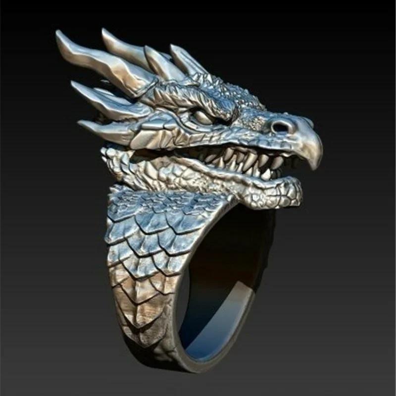 Cool Men Golden Dragon Rings Silver Color Fashion Red AAA Zircon Hip Hop Motorcycle Punk Party Jewelry Gift Size 6-13 Wholesale