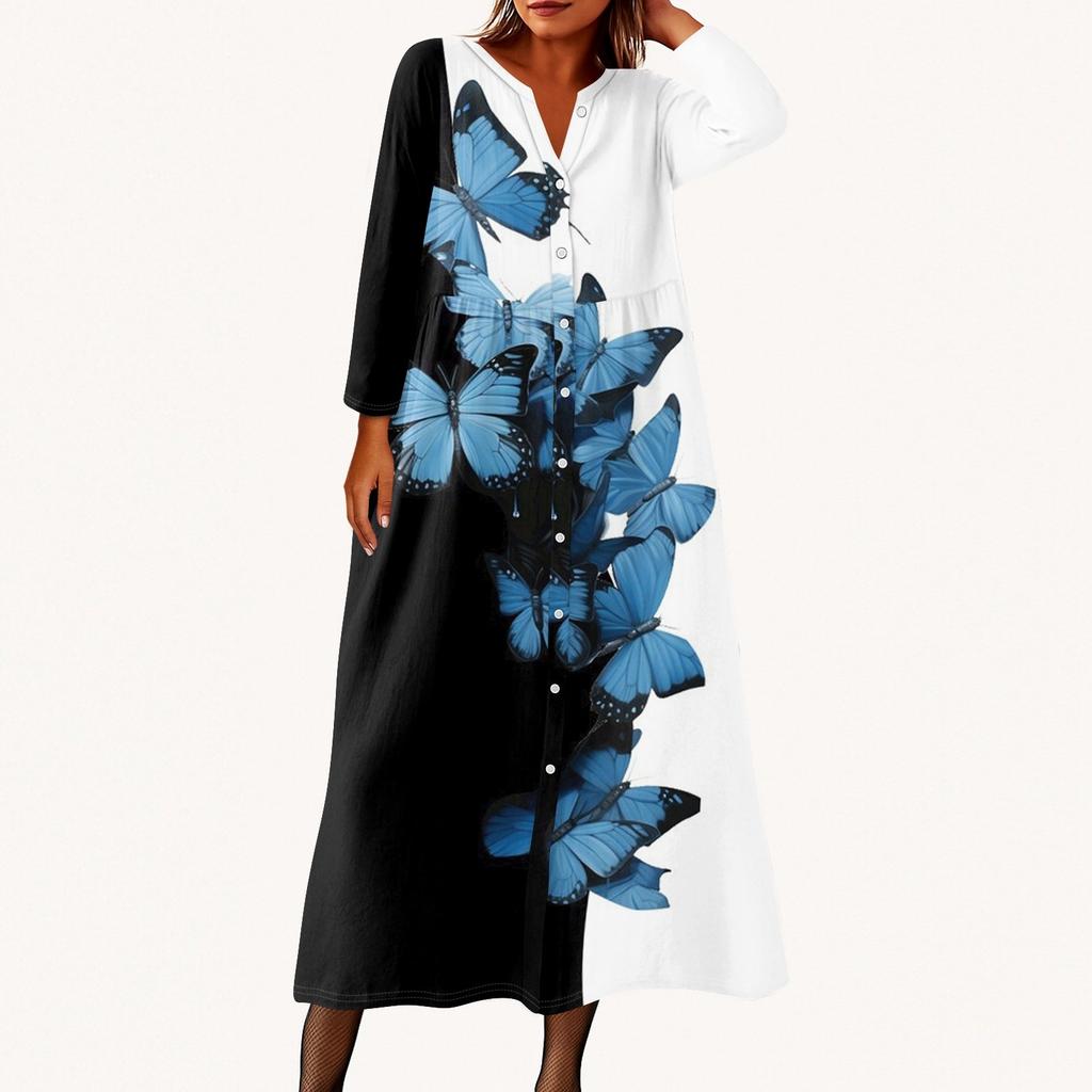 Женское модное платье-рубашка свободного кроя с принтом, круглым вырезом и рукавами семь четвертей на пуговицах