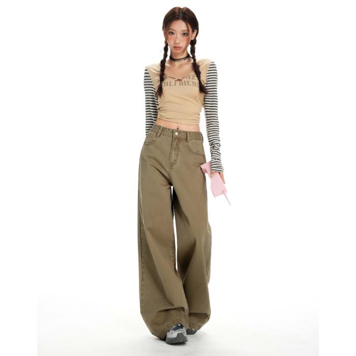 Khaki American high-waisted women's jeans spring new solid-color commuter versatile wide-leg pants