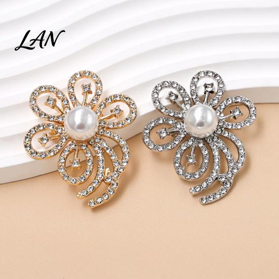 Electroplated Brooch Faux Pearl Rhinestone Flower Brooch, Hollow Floral Lapel Pin for Wedding Bridal Shower, Women Girls Clothing Jewelry Accessories