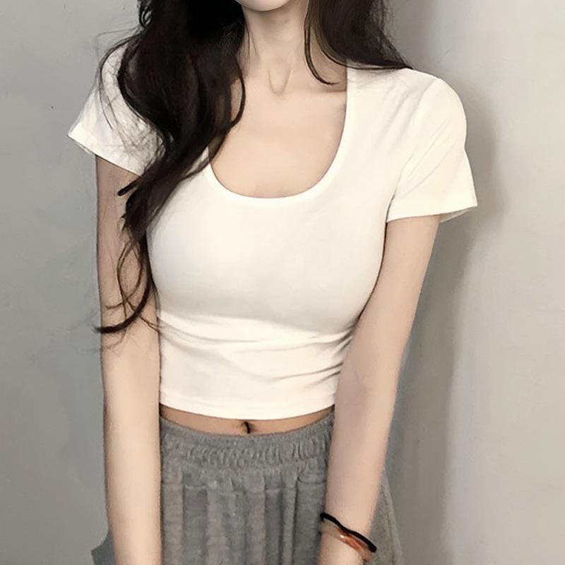 Женский укороченный топ из хлопка облегающего кроя с U-образным вырезом - Весенне-летняя футболка с коротким рукавом