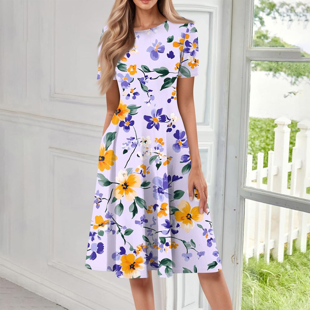 Женское свободное повседневное и модное платье с круглым вырезом и короткими рукавами, средней длины с принтом