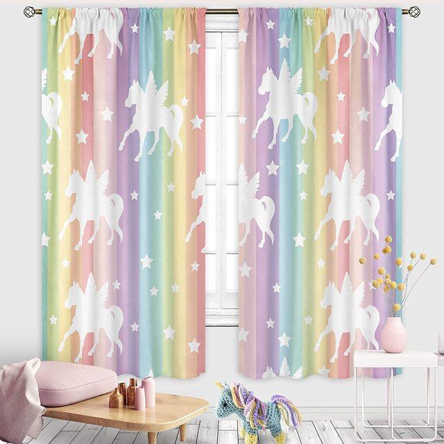 Unicorn Curtains Rainbow Bedroom Girls Decor Boys Dinosaur Curtain Colorful Cartoon Dino For Kids Safari Wildlife Window Drapes