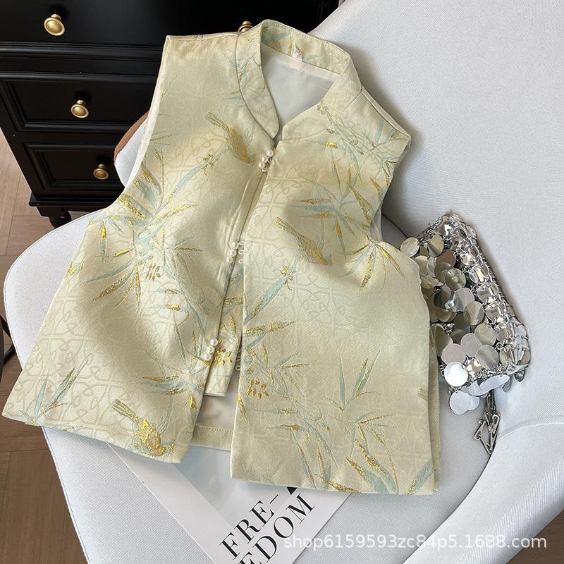 Жаккардовый бронзовый жилет в стиле ретро с цветочным узором из бамбуковых листьев, новинка 2025 года, жаккардовый жилет со стойкой и застежкой-пуговицей