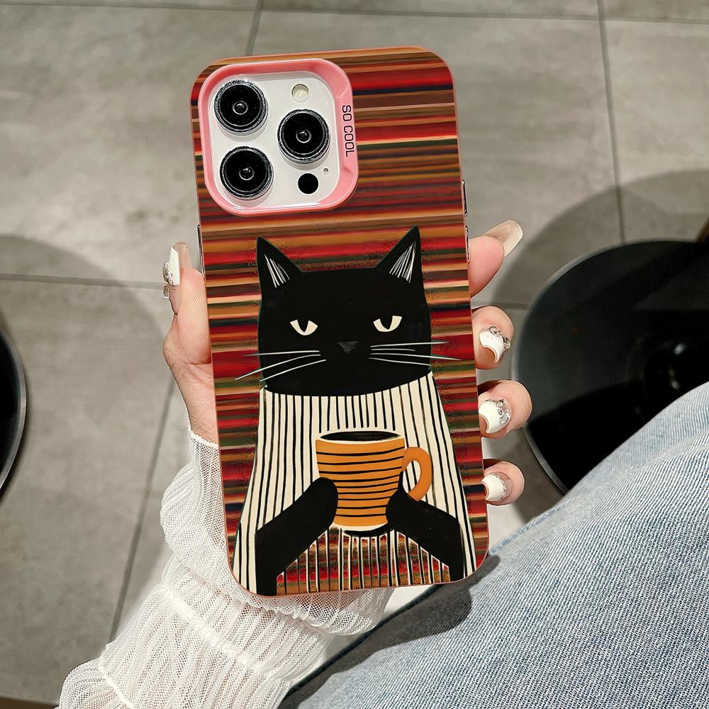 Cute Coffee Cat Pink Translucent Mobile Phone Case for iPhone 17 16 15 14 13 12 11 X XR XS Air Pro Max Plus Colorful Cover