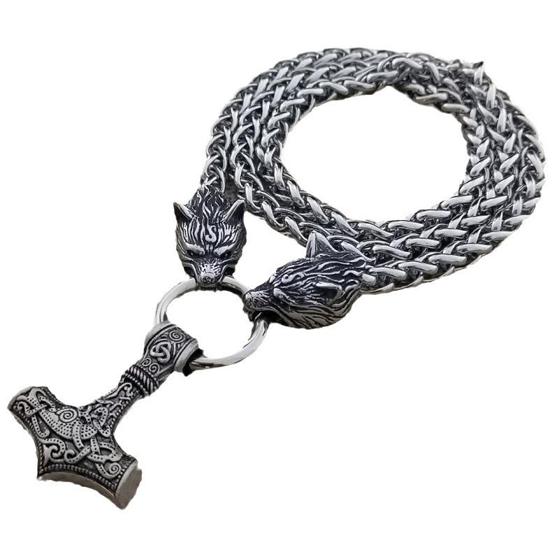 Nordic Viking Thor Hammer Pendant Wolf Head Necklace Domineering Necklace Men's Norwegian Jewelry