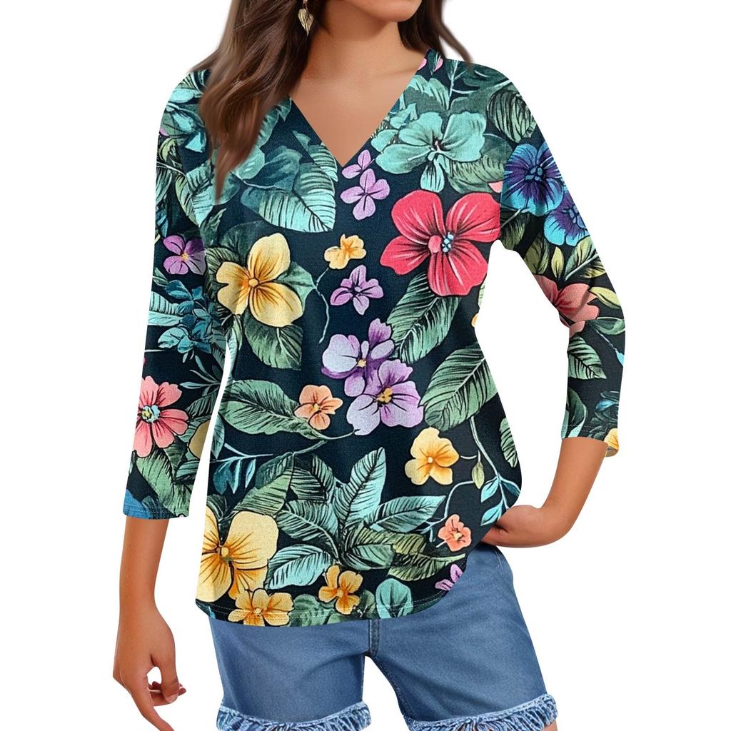 Женские топы, рубашка с рукавом три четверти, свободная повседневная рубашка с V-образным вырезом, футболка с цветочным принтом