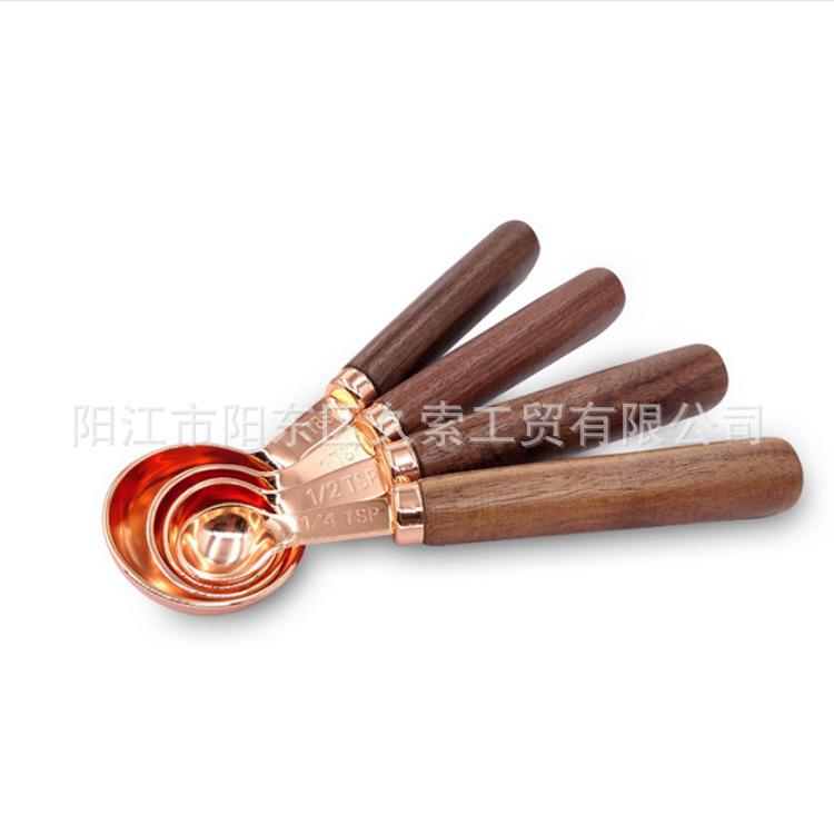 In-Stock Rose Gold & Walnut Wood Handle Measuring Spoons and Cups Set