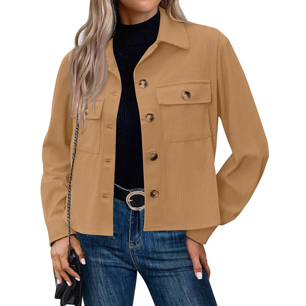 Women's Solid Color Casual Short Corduroy Button Jacket