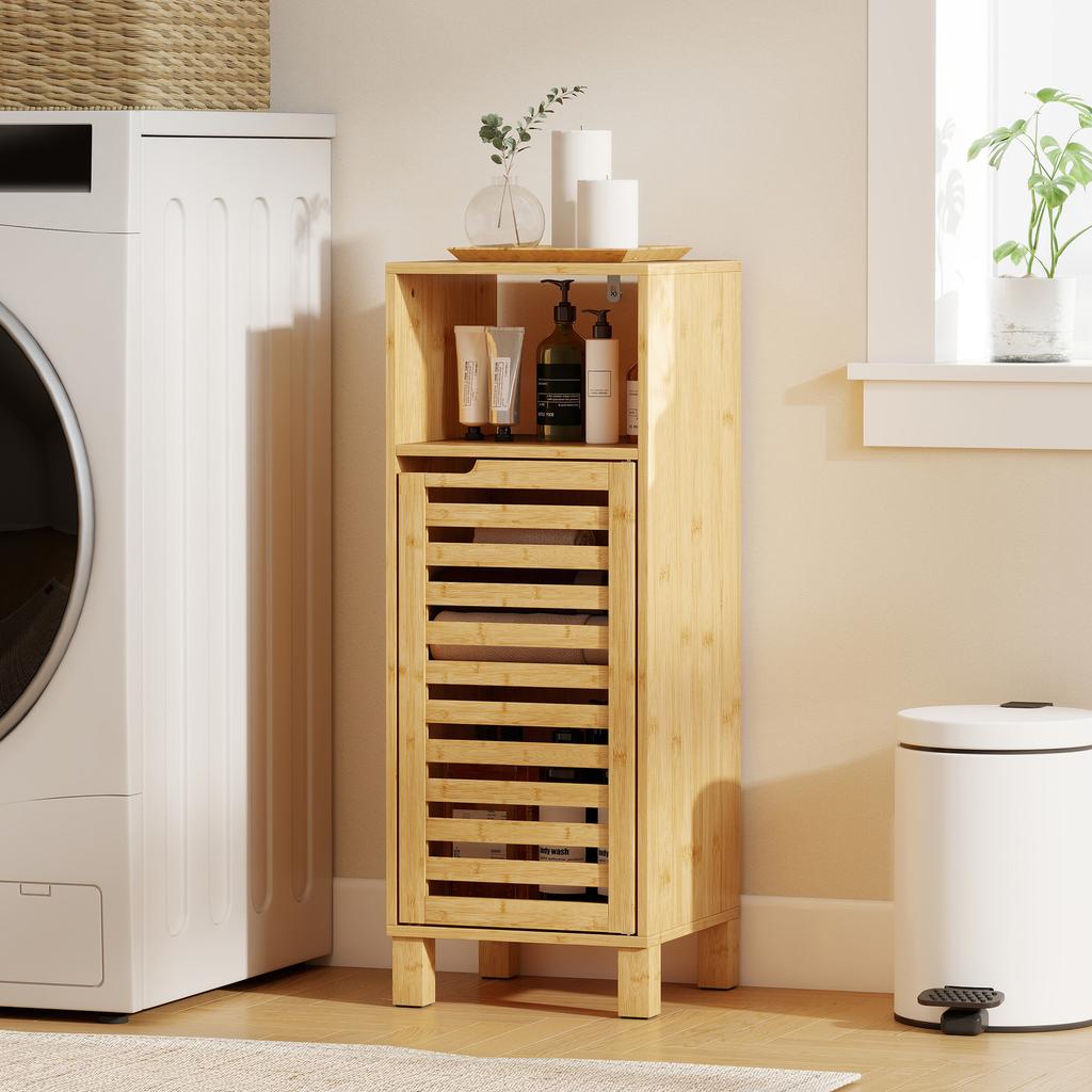 Bathroom cabinet wall cabinet made of bamboo with breathable louvered doors, adjustable shelf 60 x 20 x 60 cm natural wood