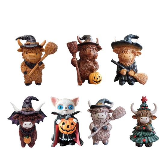 Halloween Highland Cow Resin Figurine Wizard Hat Pumpkin Broom Cattle