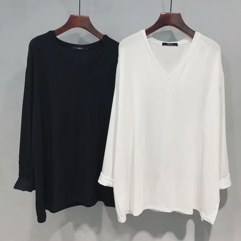 2025 Трендовая европейская женская футболка с V-образным вырезом XL и длинным рукавом, весна/осень, свободный крой, закрывающая живот, до 300 фунтов