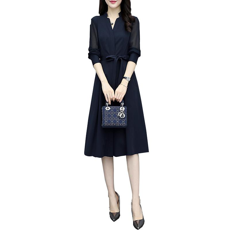 Весеннее и осеннее платье с длинным рукавом, модная женская тонкая юбка с v-образным вырезом на талии и талией