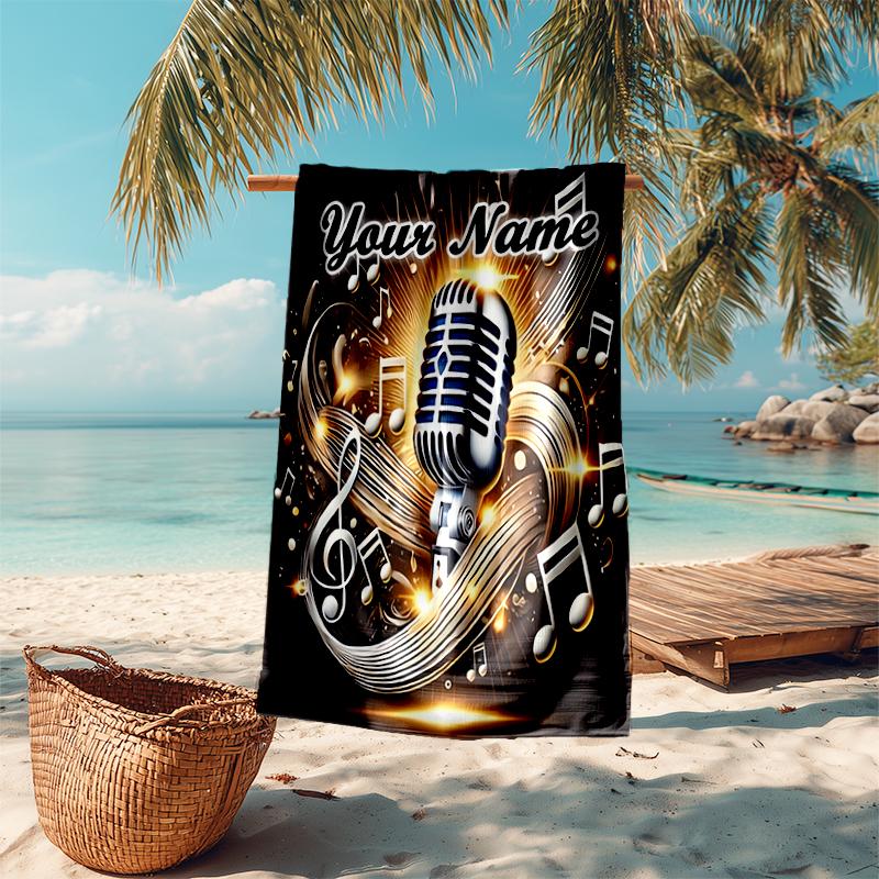 1PC Custom Name Music Microphone Artwork Beach Towel Highly Absorbent And Sand-Resistant Towel for Swimming, Pool, Yoga, And Travel Lightweight