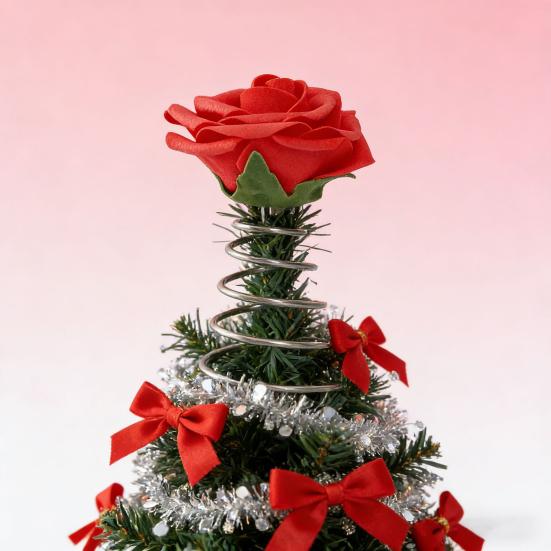 Верхушка для елки на День святого Валентина Красная роза Верхушка для елки со спиральной проволочной основой Романтическое украшение в виде розы для украшения мини-елок Праздничная вечеринка Домашний декор