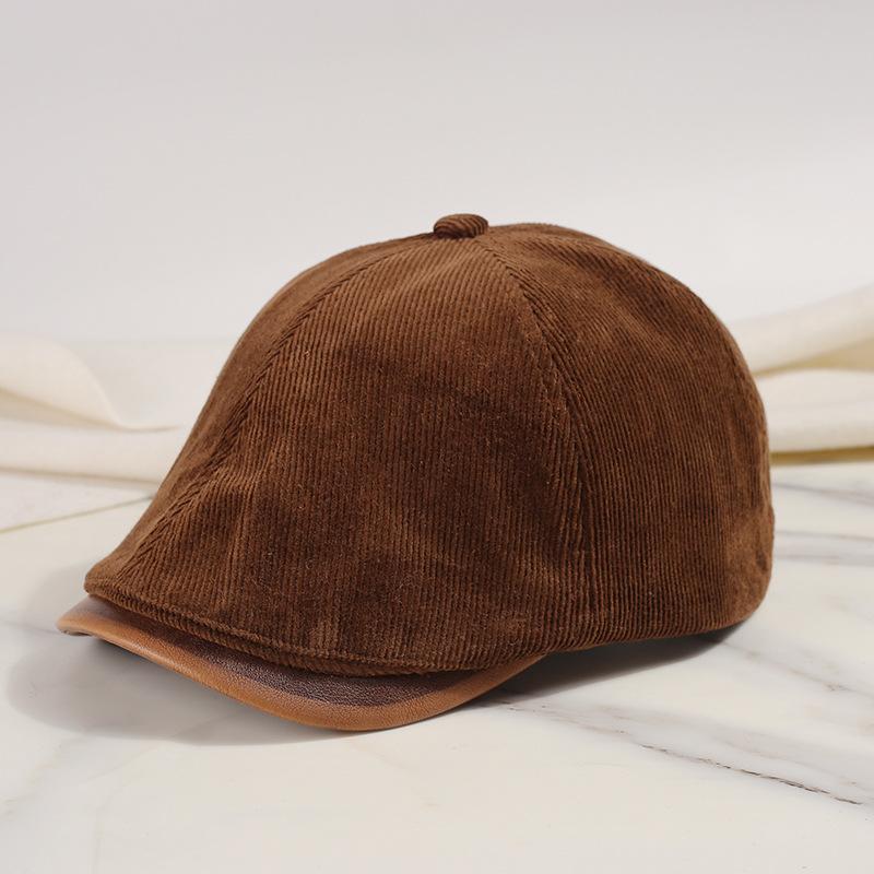 Autumn and winter retro corduroy + leather brim forward hat, newsboy hat fashion men's and women's caps show face small beret