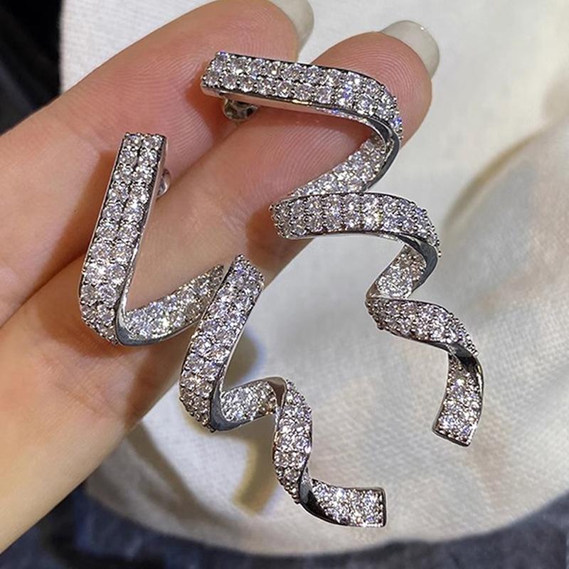 Huitan Rotational Ribbon Shaped Long Hanging Earrings for Women Sparkling CZ Trendy Luxury Female Accessories Creative Zircon