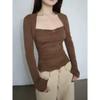 Lace Splicing Square Neck Long-sleeved T-shirt Women Autumn Outer Wear Pleated Slim Inner Pullover Top Ins