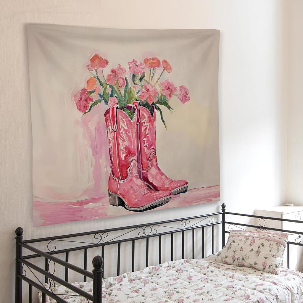 WNAGT Pink Western Tapestry Wall Hanging, Cowgirl Room Decor, Pastel Pink Floral Cowgirl Boots Western Wall Blanket Decor for Girls Bedroom Dorm