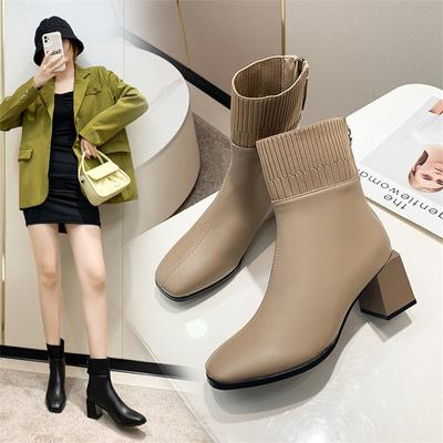 Модные женские ботинки, осенне-зимние новые женские короткие сапоги на высоком каблуке, женские ботинки на толстом каблуке с квадратной головкой и простым сращиванием