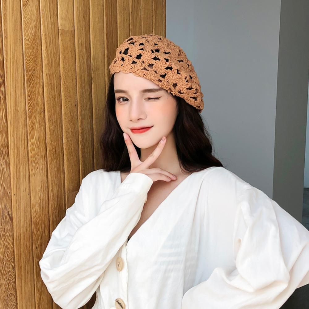 Linen Hollowed Out Beret Hat Cotton Spring Crochet Knitted Cap Lace Hollow Flower Hat  Beach