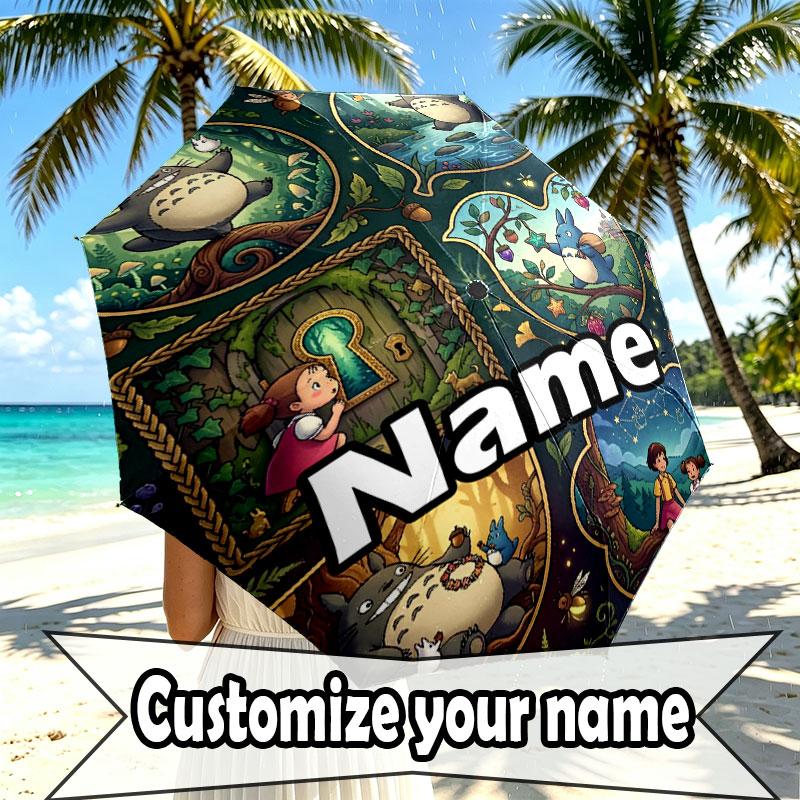 Custom Name Personalized My Neighbor Totoro Print Umbrella, Auto Open Close, 8‑Rib Sturdy Frame, Commute Camping Hiking Use, Birthday Gift