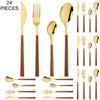 24Pcs Imitation Wooden Handle Cutlery Set Knife Dessert Fork Coffee Spoon Dinnerware Set Gold Kitchen Tableware Stainless Steel Flatware