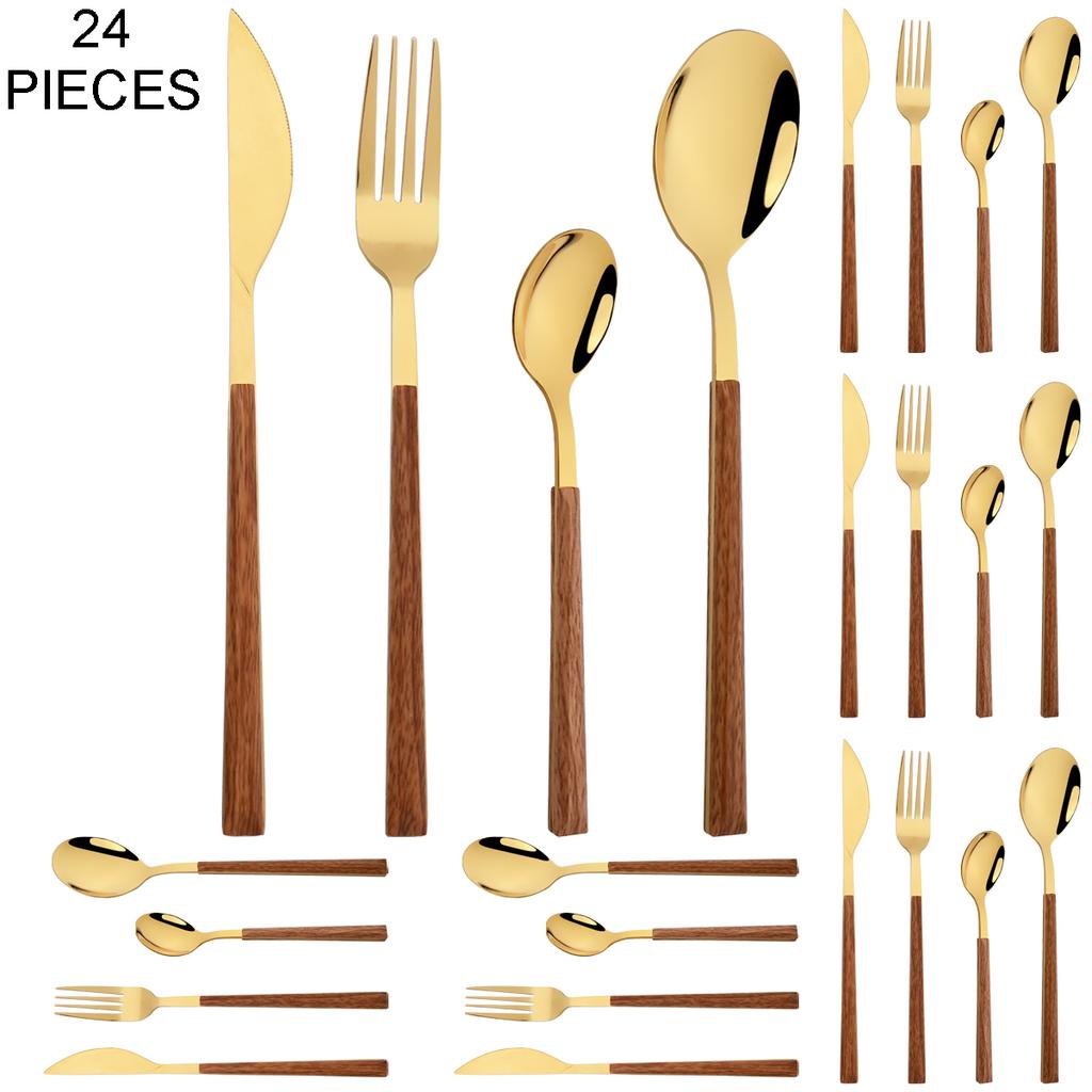 24Pcs Imitation Wooden Handle Cutlery Set Knife Dessert Fork Coffee Spoon Dinnerware Set Gold Kitchen Tableware Stainless Steel Flatware