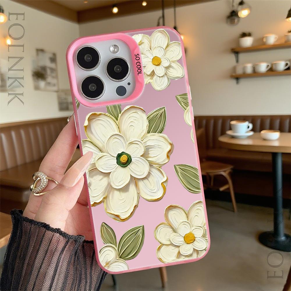 Текстурированный чехол с белыми цветами для iPhone 16 15 14 13 12 11 Pro Max/Mini, противоударный, с защитой от царапин, премиальная жесткая крышка