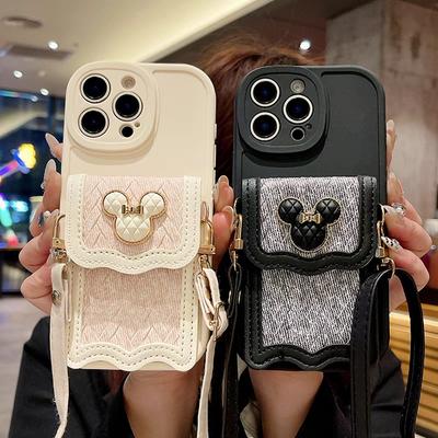 Милый чехол-кошелек для iPhone 17 Air 11 12 13 14 15 Plus 16 Pro Max 16E Сумка для карт Кожаный ремешок через плечо Мультяшный чехол